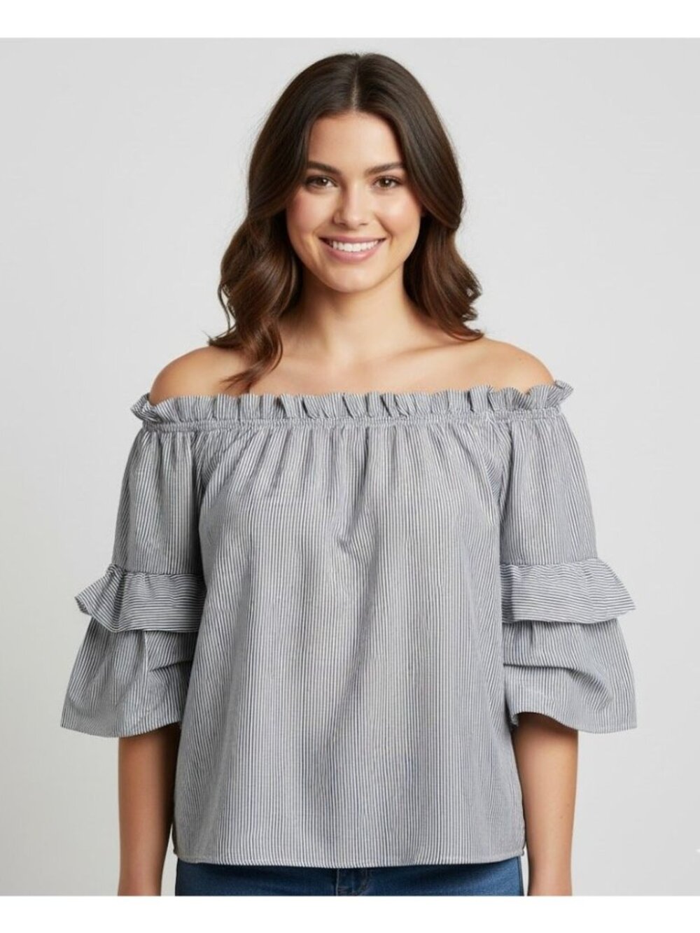 Hayden Off The Shoulder Top Medium Gray White Stripe 100% Cotton